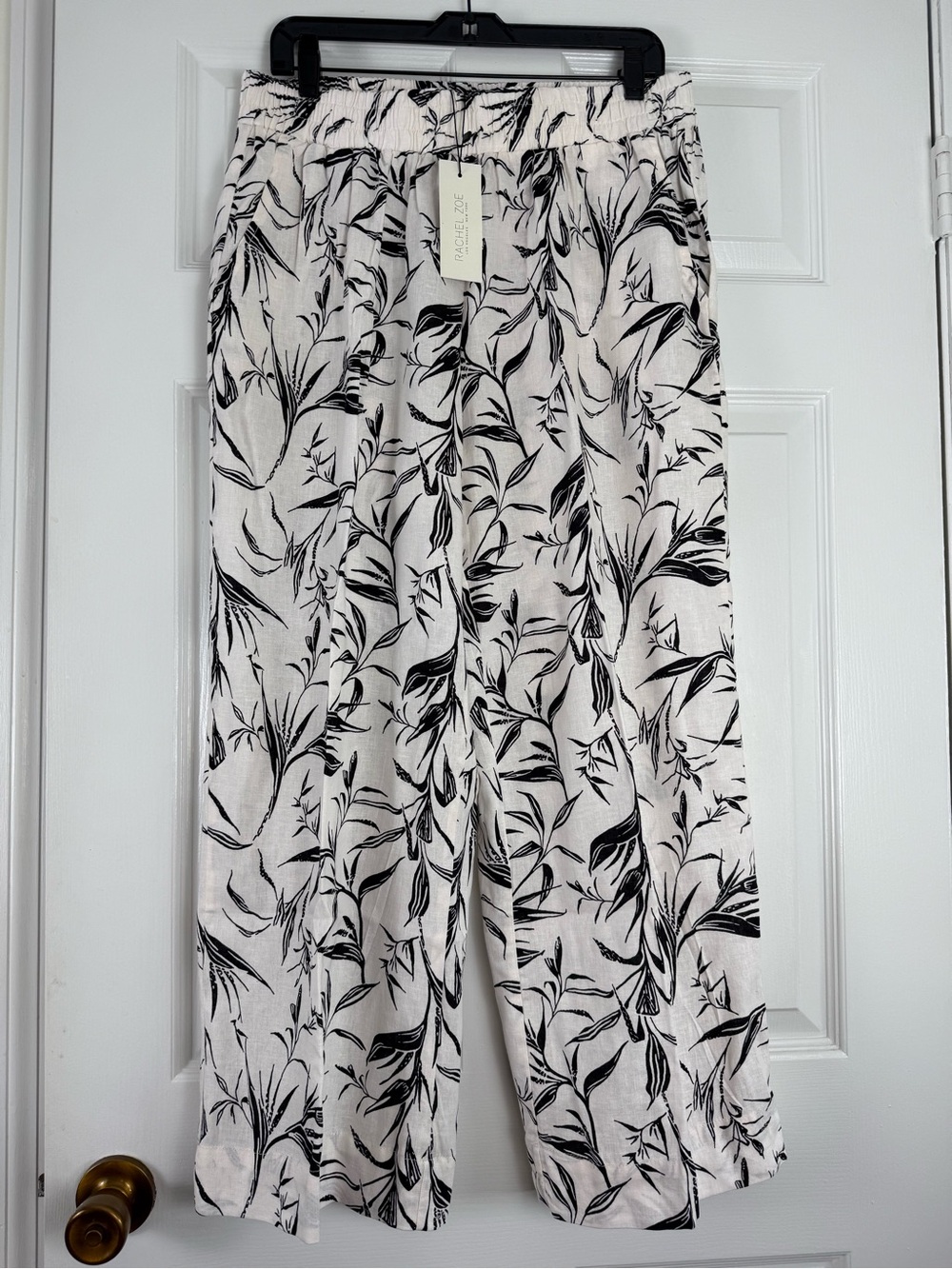 Rachel Zoe Black & White Botanical Wide-Leg Ankle Pants Large